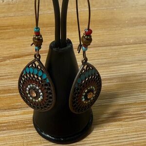 Artisan Teardrop Earrings with Turquoise and Red Details